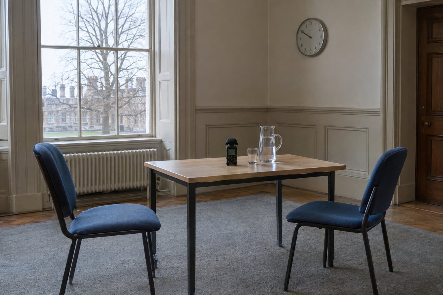Una sala de examen: dos sillas en una mesa pequeña, un reloj en la pared y una grabadora entre ellas