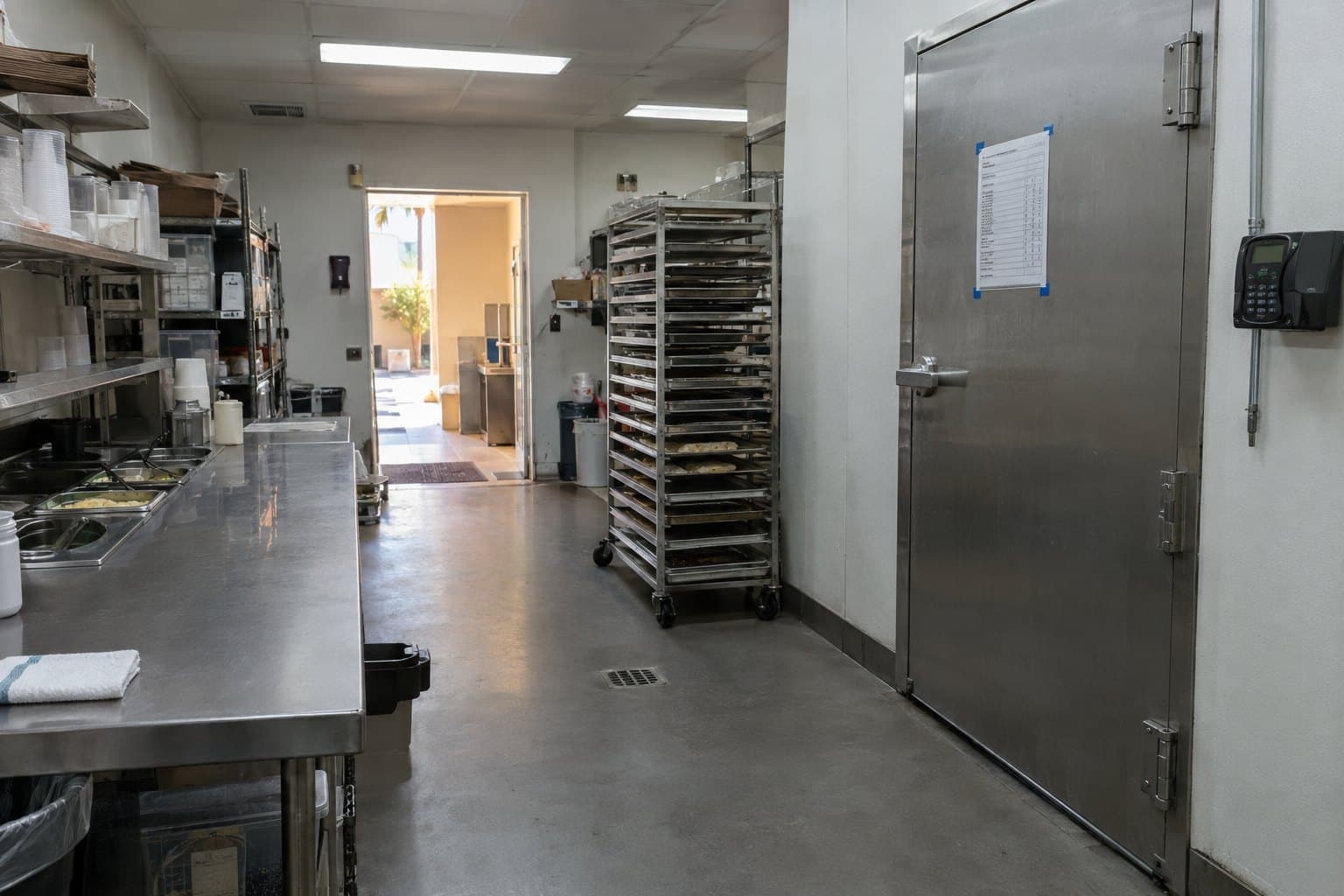 La trastienda en un primer turno: una caja, el registro de la nevera en una tablilla, cajas
