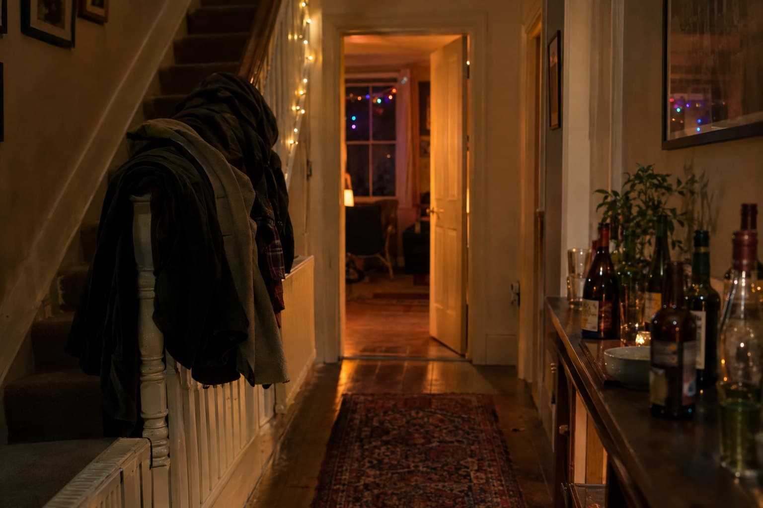 A hallway during a house party: coats piled on the banister, fairy lights, bottles on a sideboard, a lit room at the end